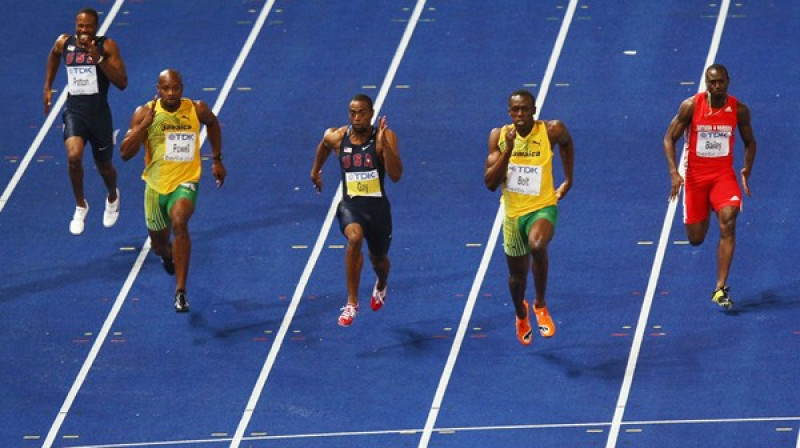 Pauels (otrais no kreisās), Gejs (pa vidu) un Bolts (otrais no labās) 100 metru finālā pasaules čempionātā Berlīnē. Briselē Bolta nebūs šajā trio.
Getty Images