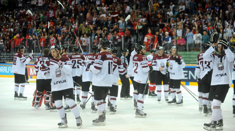 Latvijas hokeja valstsvienība 2015. gada pasaules čempionātā Prāgā
Foto: Edijs Pālens, Leta