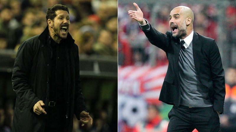 Madrides "Atletico" galvenais treneris Djēgo Simeone un Minhenes "Bayern" galvenais treneris Peps Gvardiola. 
Foto: AFP/Scanpix & SIPA/Scanpix