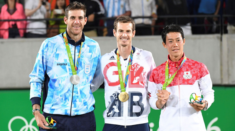 Rio olimpiādes vīriešu tenisa turnīra medaļnieki – Huans Martins Del Potro, Endijs Marejs un Kei Nišikori
Foto: AFP/Scanpix