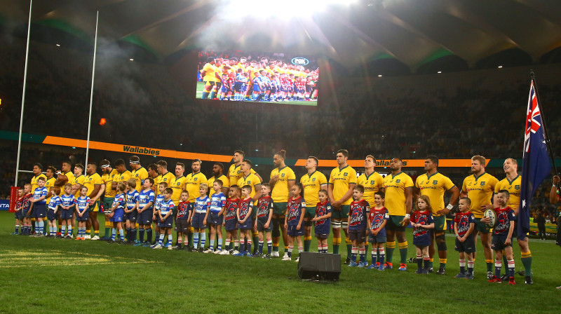 Austrālijas izlase pirms 2019. gada pārbaudes spēles pret Samoa, Sidnejā
Foto: EPA/Scanpix