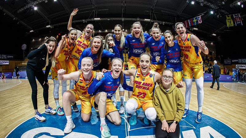 "Arka Gdynia" basketbolistes 2021. gada 21. decembrī (ar Latvijas karogu fonā). Foto: EuroLeague Women