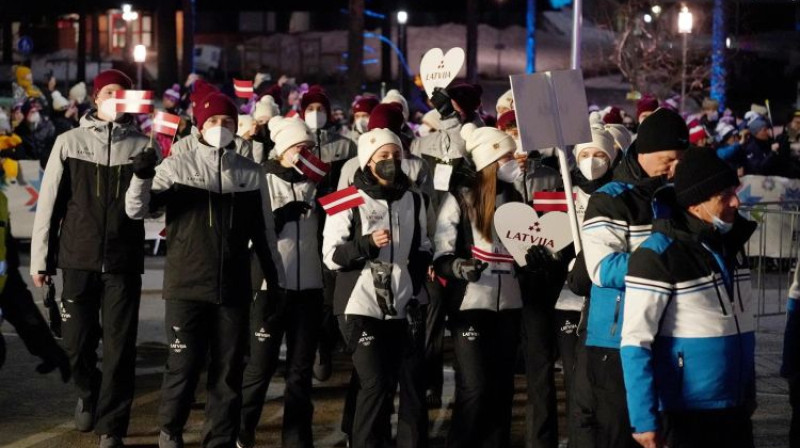 Latvijas delegācija Eiropas jaunatnes ziemas olimpiskajā festivālā. Foto: Edijs Pālēns/LETA/LOK.