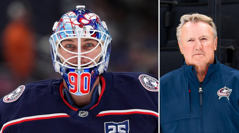 Elvis Merzļikins un Riks Bouness. Foto: Columbus Blue Jackets