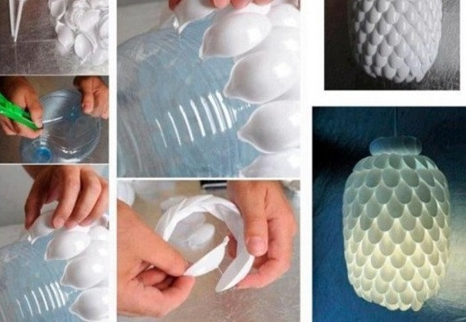 Kā no plastmasas karotītēm un ūdens pudeles izveidot skaistu lampu